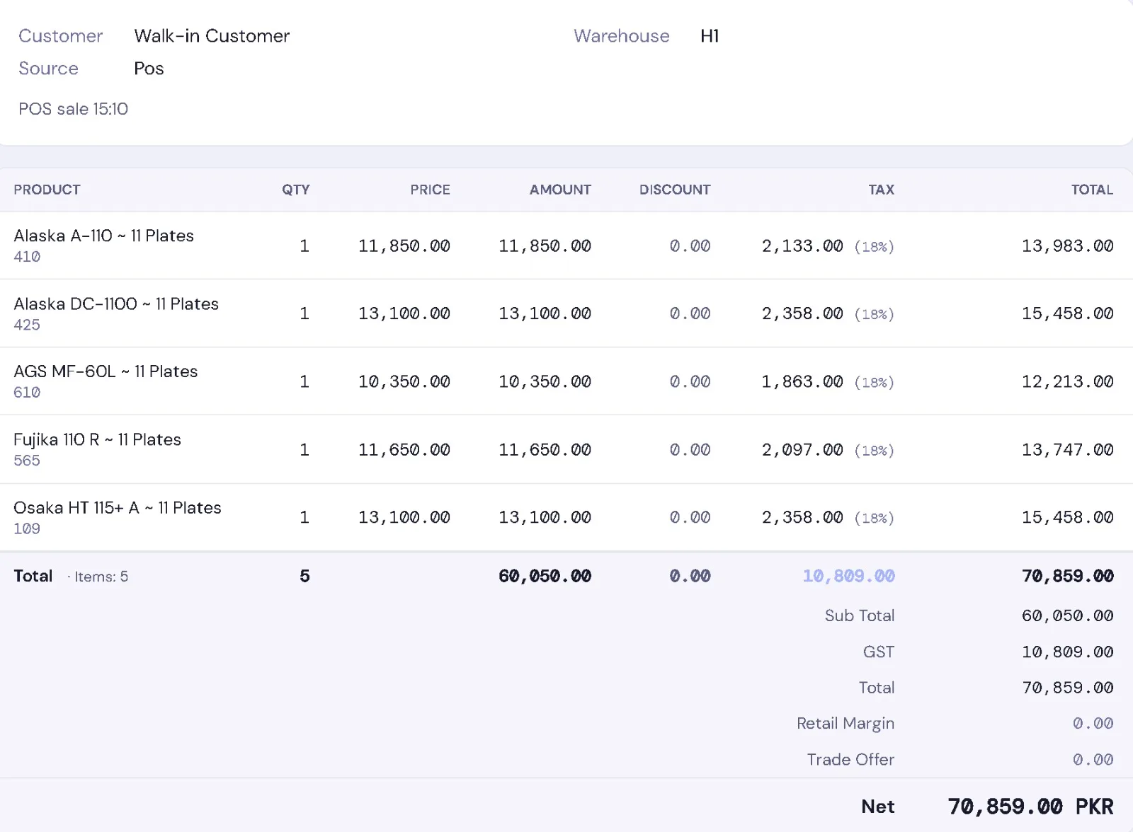 An invoice with GST