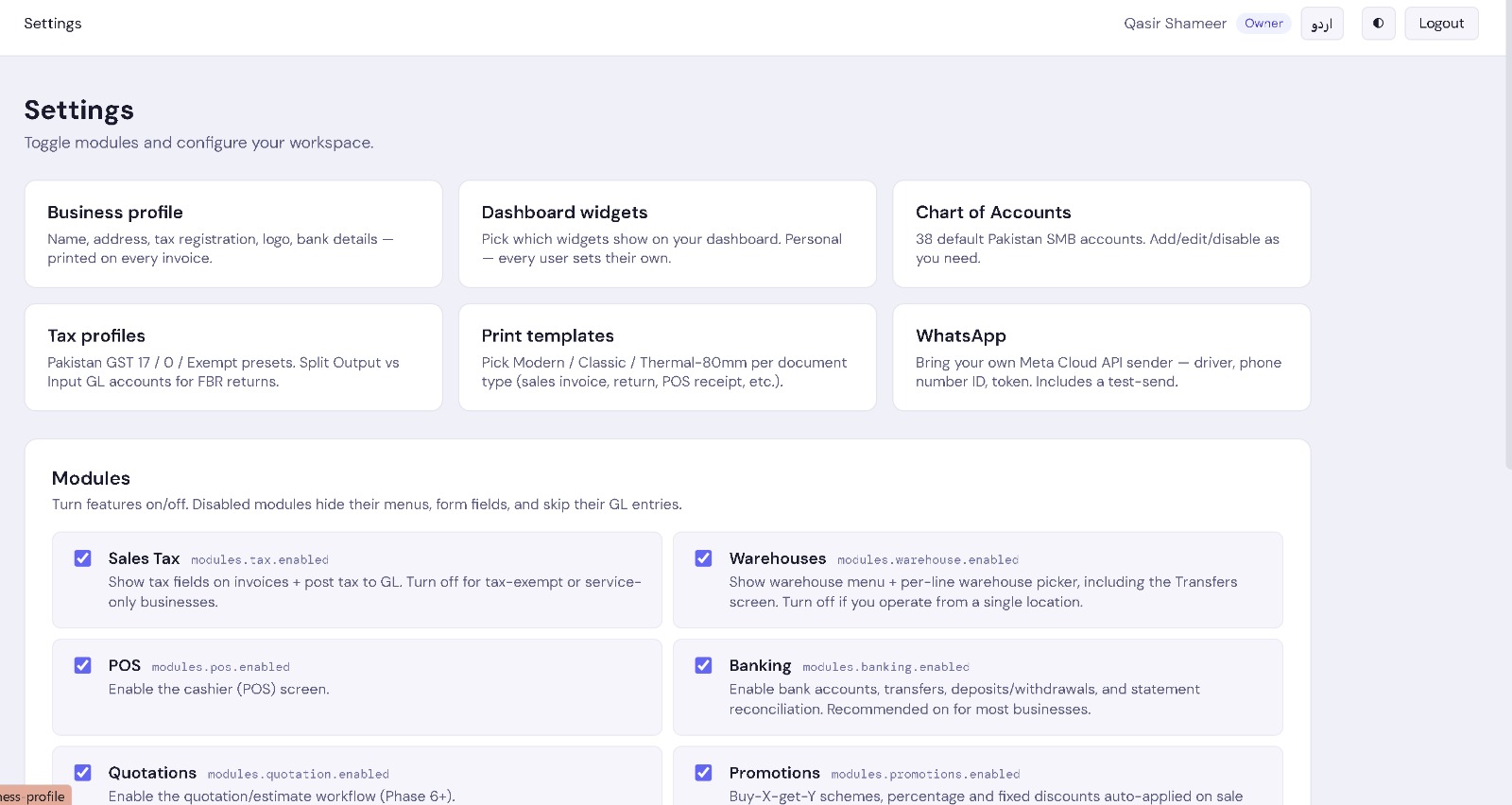 Settings & Modules