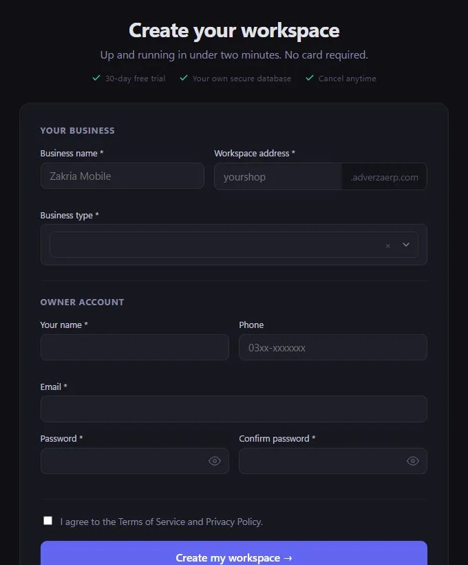 The Create your workspace form